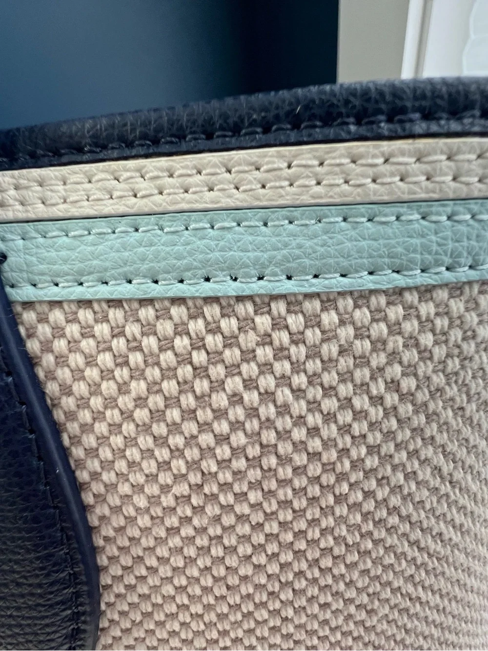 kate spade Cream Canvas Tote with Navy Handles and Aqua Trim
